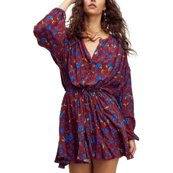 Free People Floral Fields Mini Dress Size Large Burgundy Relaxed Boho V Neck - Picture 1 of 14